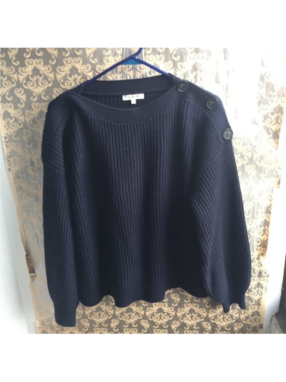 Madewell Blue Boatneck Ribbed Button Shoulder Balloon Sleeve Sweater - L K5753